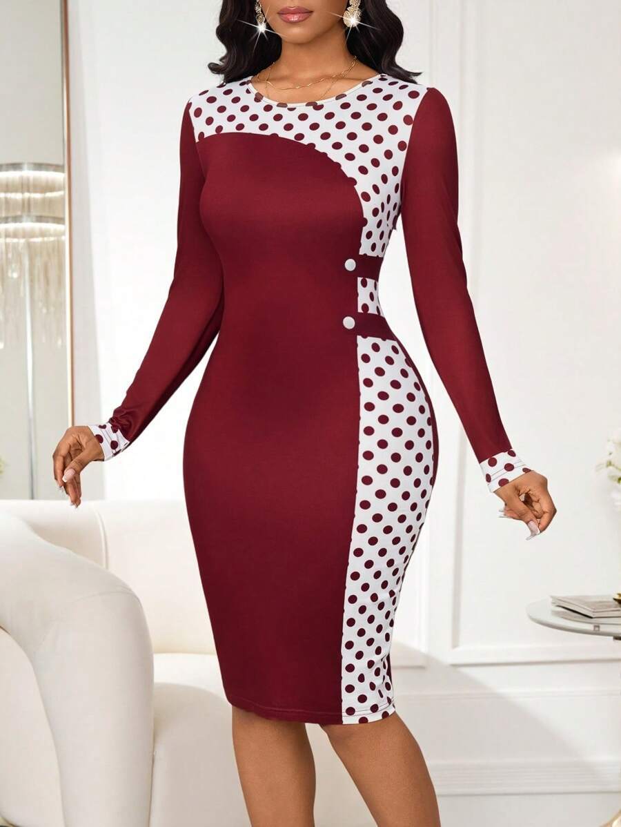European and American fashion, Amazon AliExpress women's color-blocking, polka dot stitching, long sleeves, slim fit